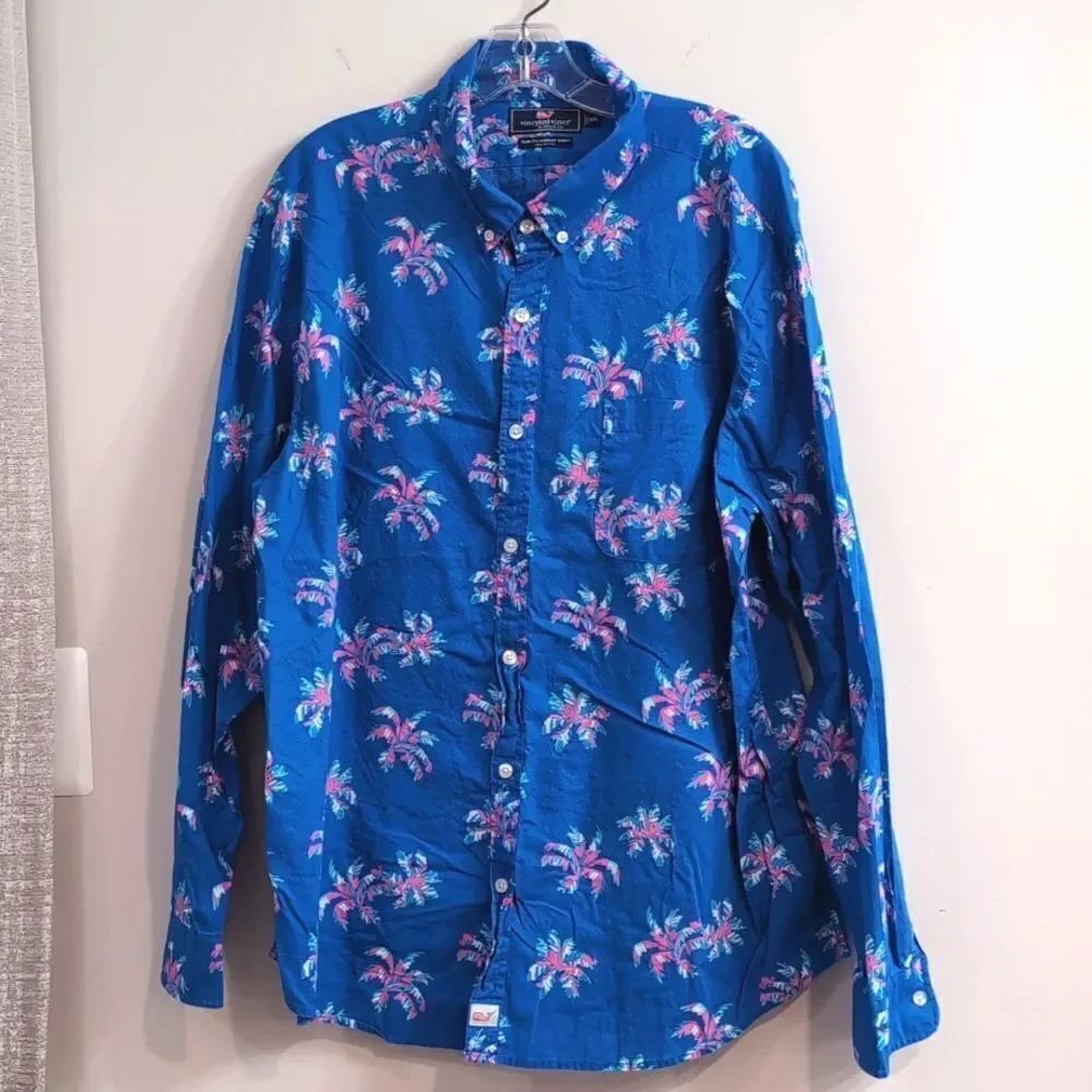 Vineyard Vines Murray Shirt Men XXL Blue Tropical Palm Slim Fit Button Up Beach